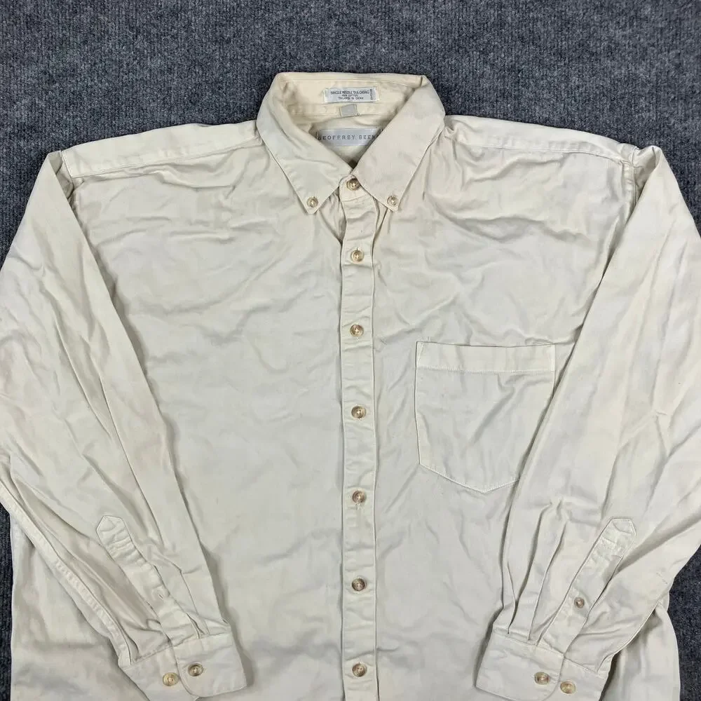 Geoffrey Beene Shirt Men's L‎ Beige Long Sleeve Button-Up Cotton Dress Casual